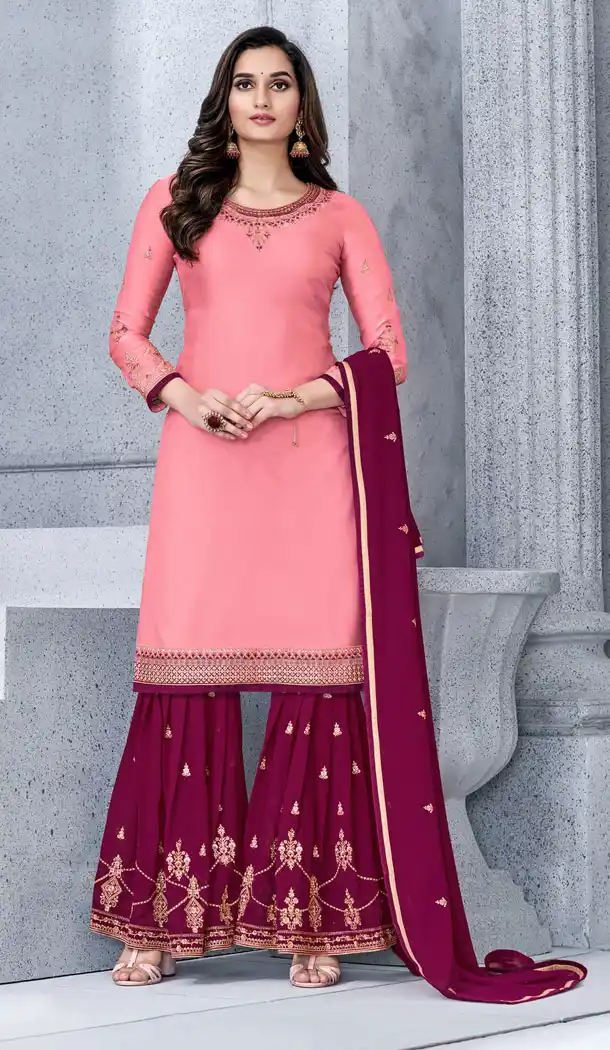 Attractive Peach Color Faux Georgette Party Wear Sharara Salwar Kameez - 537166027