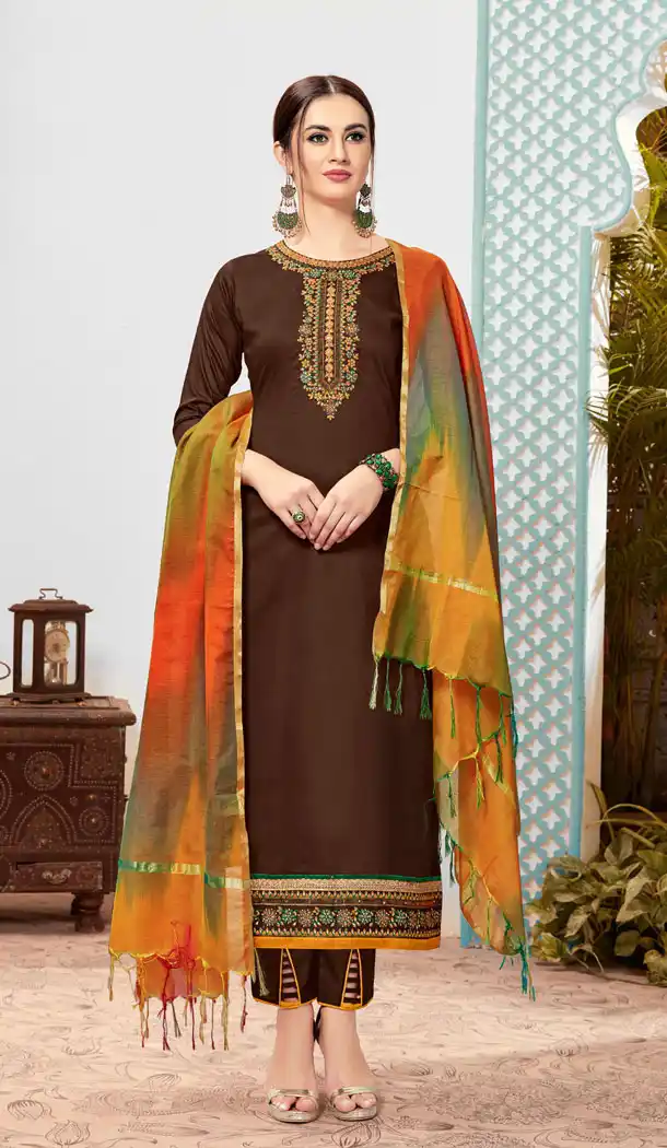 Unique Brown Color Pure Cotton Casual Office Wear Plus Size Salwar Kameez - 537266039