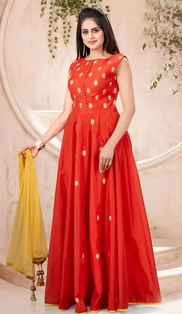 Red Color Chanderi Designer Readymade Plus Size Gown Suit - 540366621