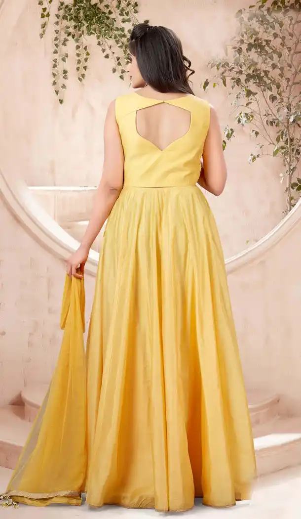 Yellow Color Chanderi Designer Readymade Plus Size Gown Suit - 540366622