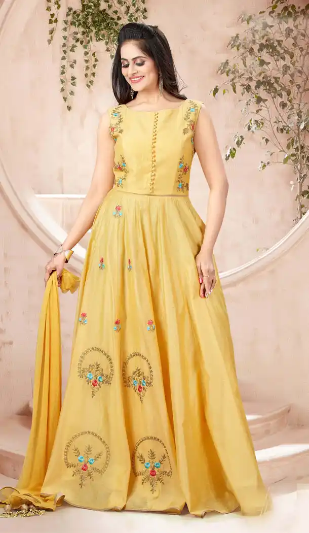 Yellow Color Chanderi Designer Readymade Plus Size Gown Suit - 540366622
