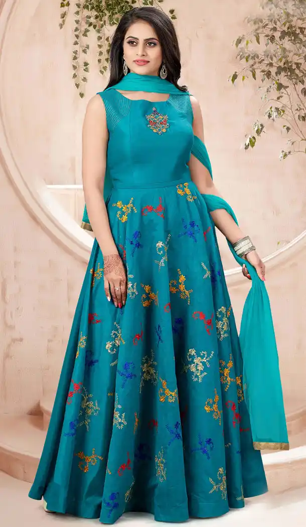 Rama Green Color Chanderi Designer Readymade Plus Size Gown Suit - 540366624