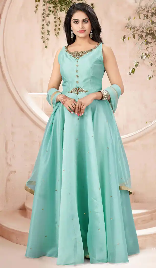 Fascinating Pista Color Nylon Designer Readymade Plus Size Gown Suit - 540366625