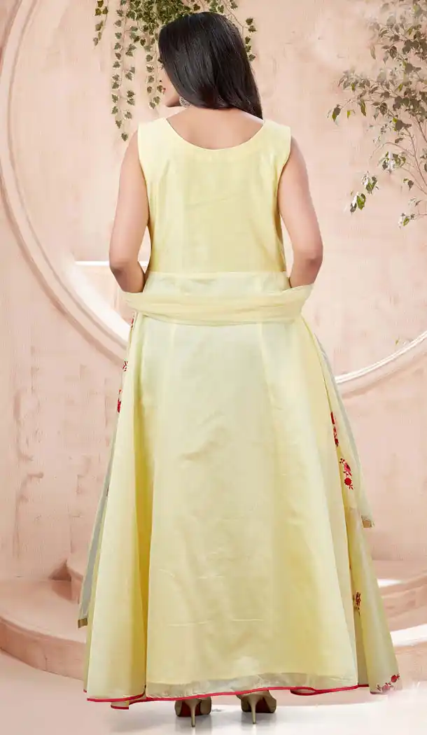Light Yellow Color Chanderi Designer Readymade Plus Size Gown Suit - 540366627