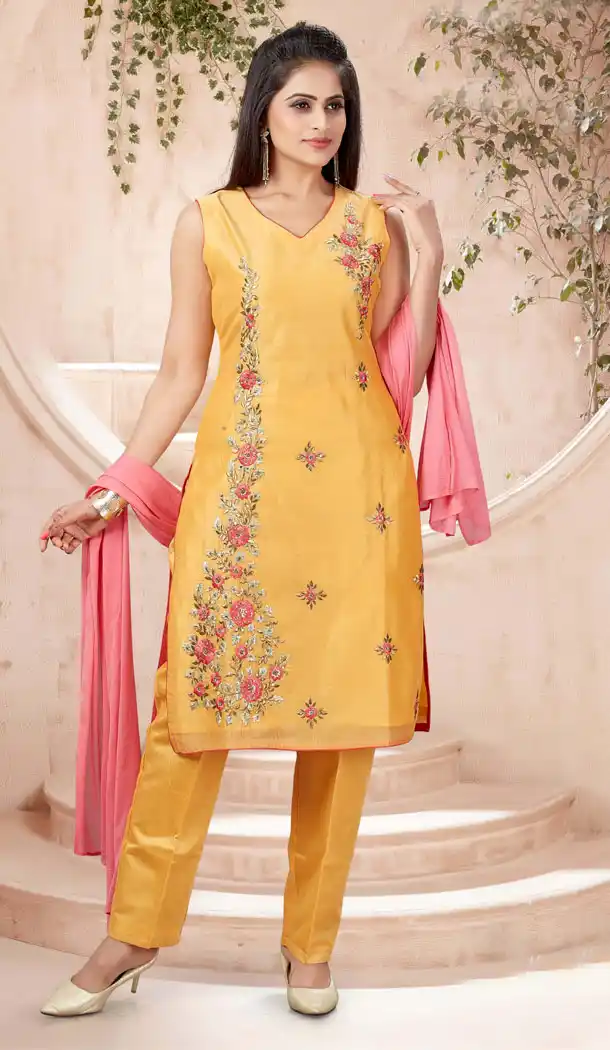 Orange Color Chanderi Designer Readymade Plus Size Salwar Suit - 540366628