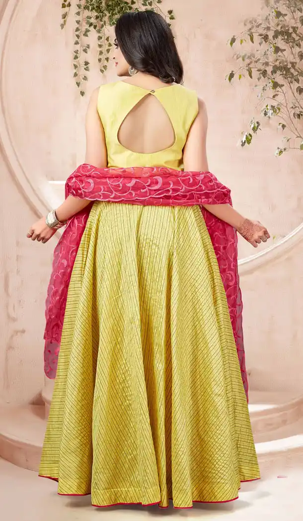 Yellow Color Chanderi Strip Designer Readymade Plus Size Gown Suit - 540366629
