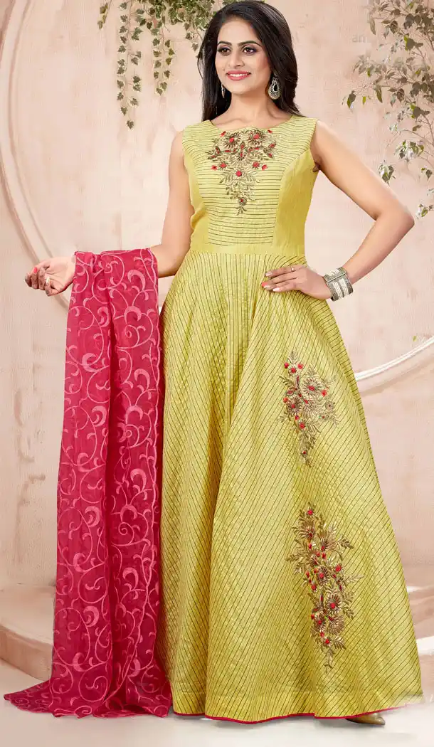 Yellow Color Chanderi Strip Designer Readymade Plus Size Gown Suit - 540366629