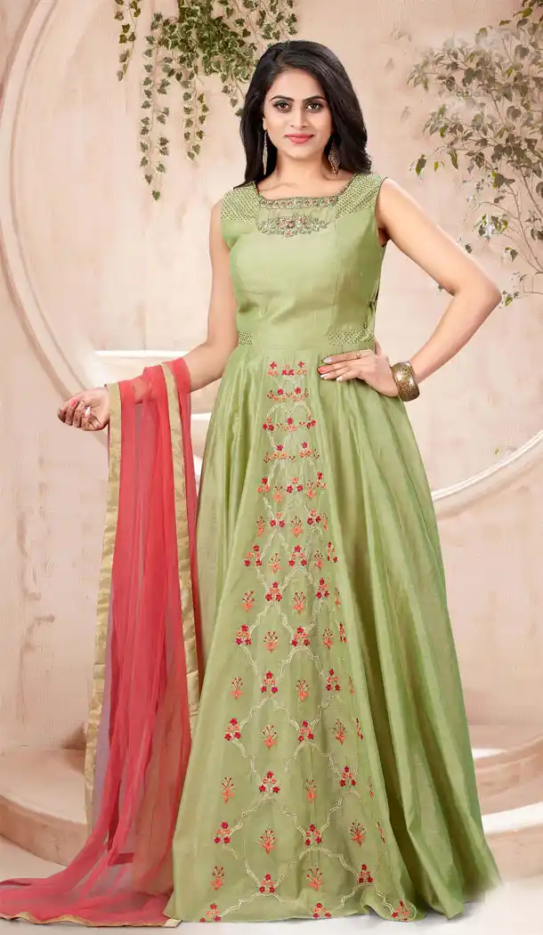 Light Mehdi Color Chanderi Designer Readymade Plus Size Gown Suit - 540366630