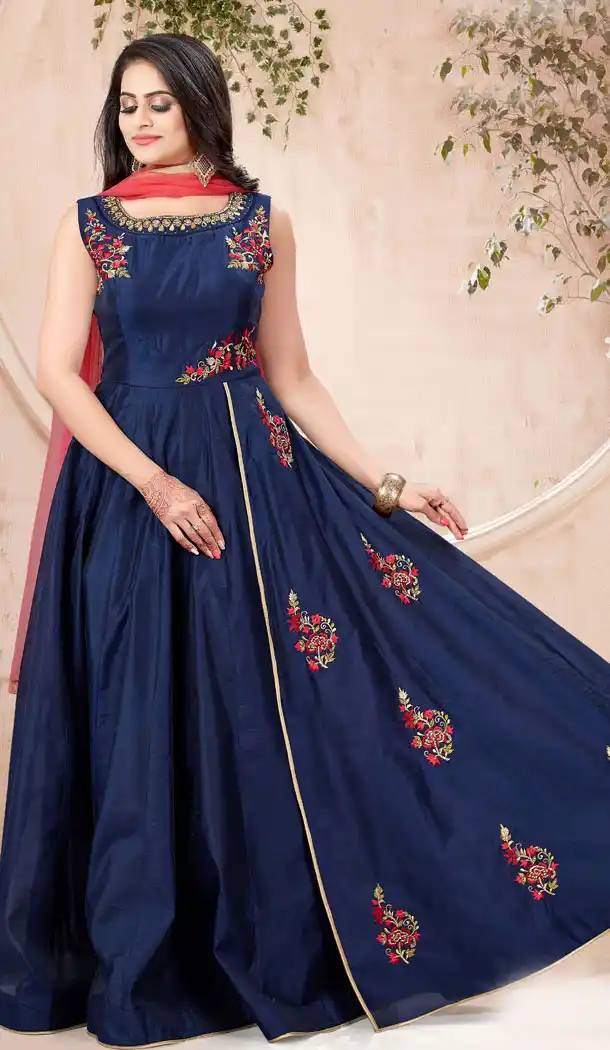 Navy Blue Color Chanderi Designer Readymade Plus Size Gown Suit - 540366631