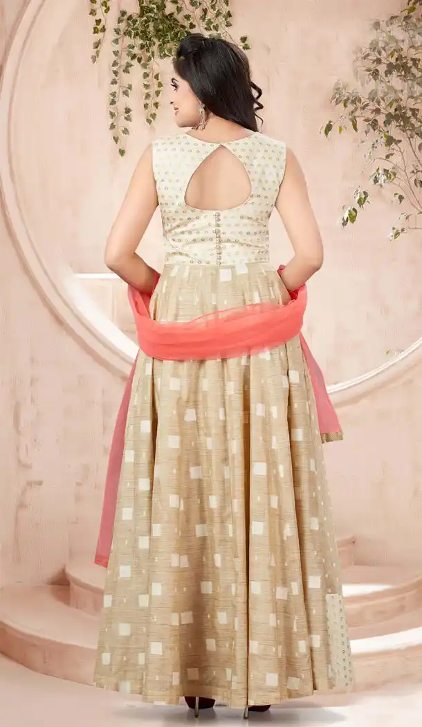 Tusar Gold Color Khadi Silk Print Designer Readymade Plus Size Gown Suit - 540366633