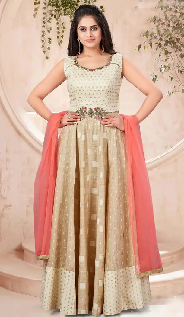 Tusar Gold Color Khadi Silk Print Designer Readymade Plus Size Gown Suit - 540366633