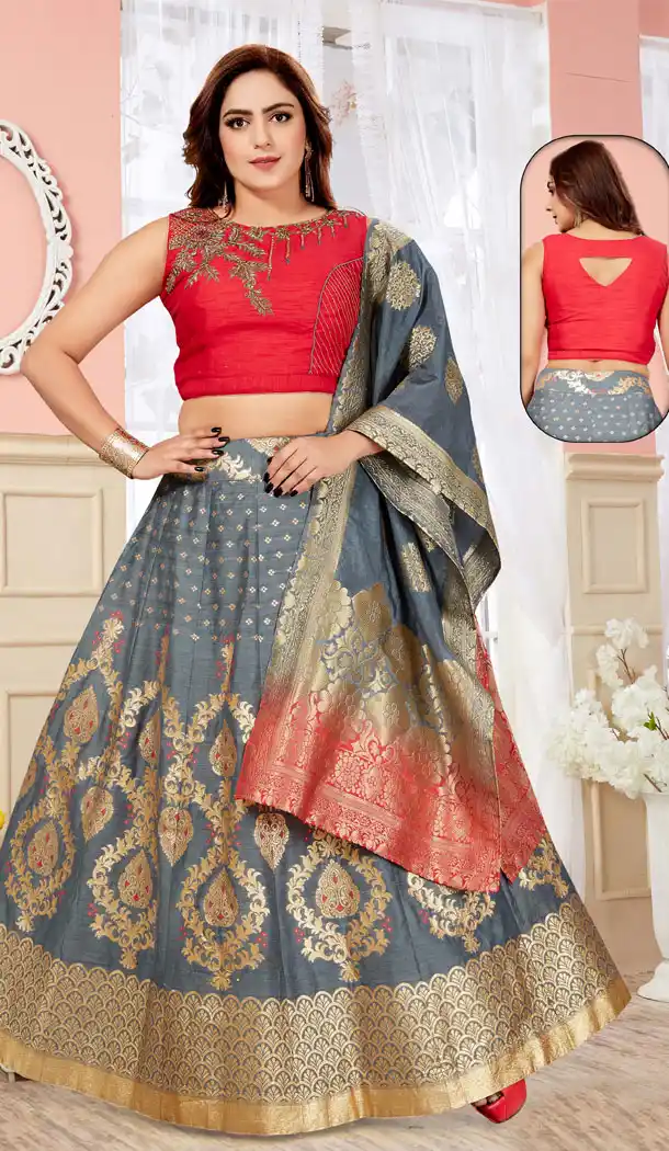 Grey Color Brocade Designer Readymade Lehenga Choli - 540266618
