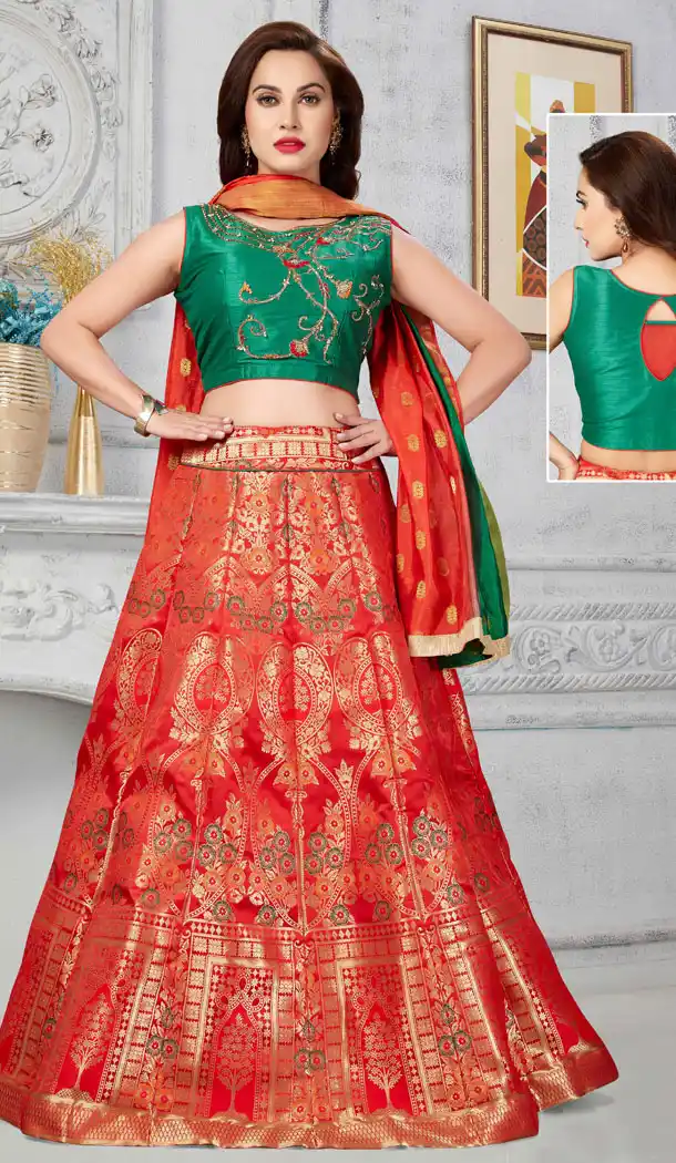 Red Color Brocade Designer Readymade Lehenga Choli - 540266619