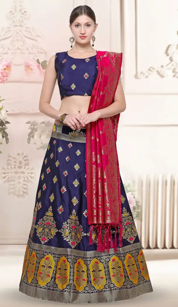 Navy Blue Color Banarasi Silk Cotton Party Wear Designer Lehenga Choli - 540866878