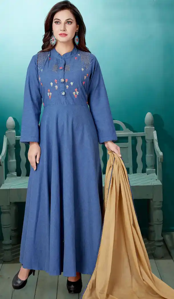 Tranquil Ink Blue Color Cotton Party Wear Readymade Salwar Kameez - 540166610