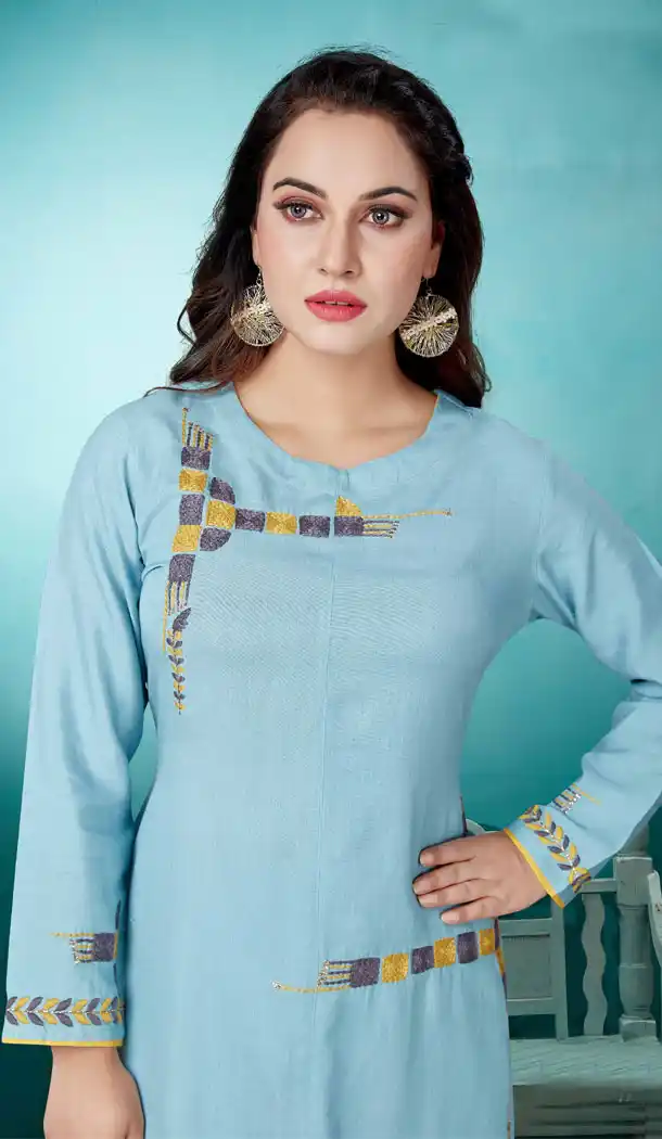 Majesty Aqua Blue Color Cotton Party Wear Readymade Salwar Kameez - 540166613