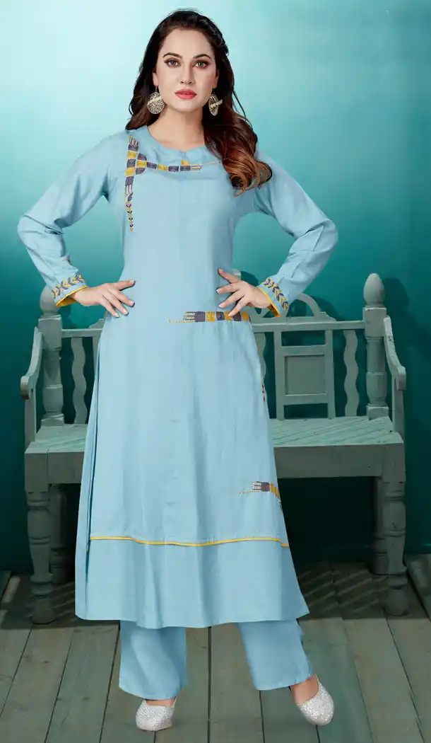 Majesty Aqua Blue Color Cotton Party Wear Readymade Salwar Kameez - 540166613