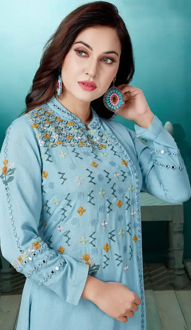 Alluring Aqua Blue Color Cotton Party Wear Readymade Salwar Kameez - 540166614
