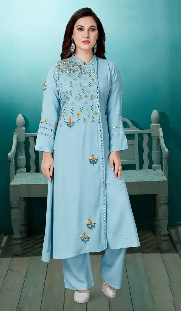 Alluring Aqua Blue Color Cotton Party Wear Readymade Salwar Kameez - 540166614