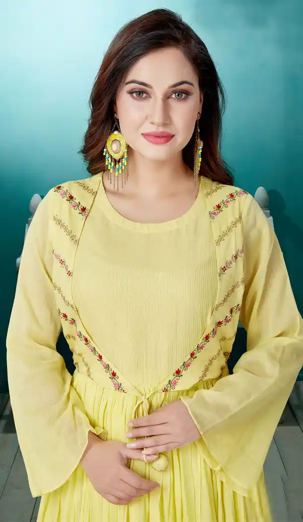 Lemon Yellow Color Cotton Party Wear Readymade Salwar Kameez - 540166615