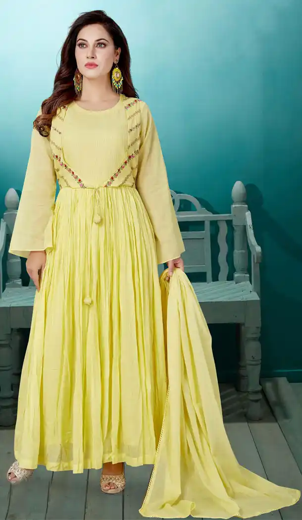 Lemon Yellow Color Cotton Party Wear Readymade Salwar Kameez - 540166615