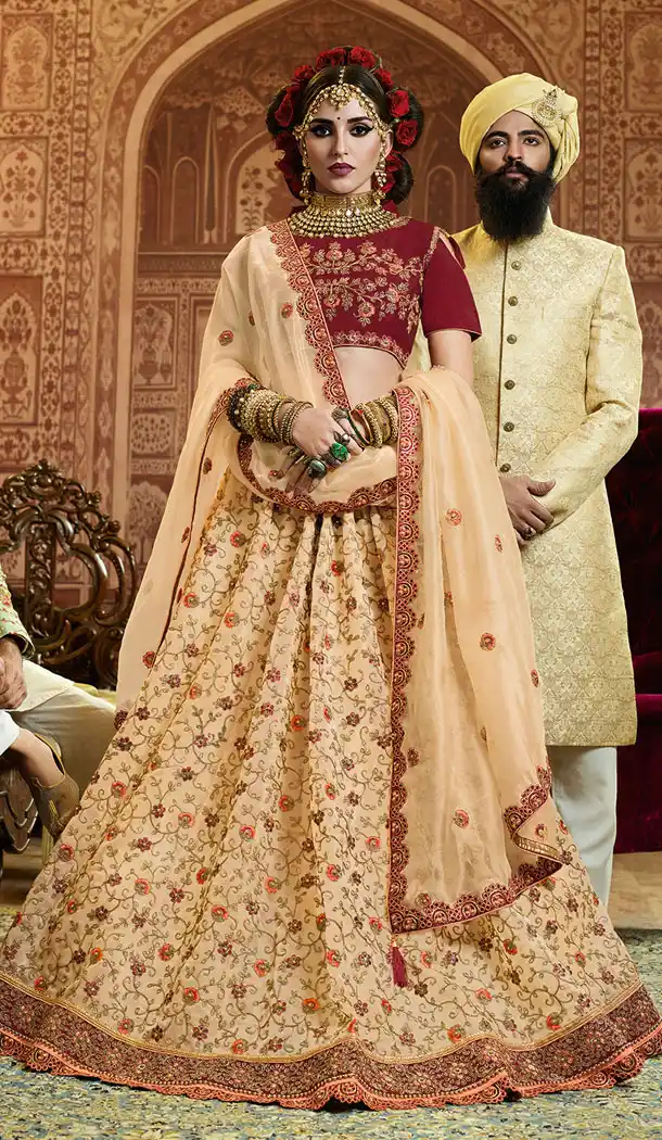 Cream Color Organza Silk Heavy Designer Lehenga Choli - 65285439