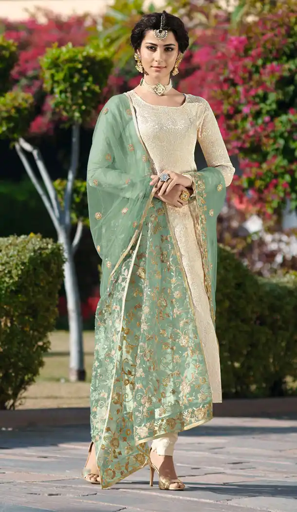 Flamboyant Cream Color Brocade Jacquard Party Wear Salwar Kameez - 539866596