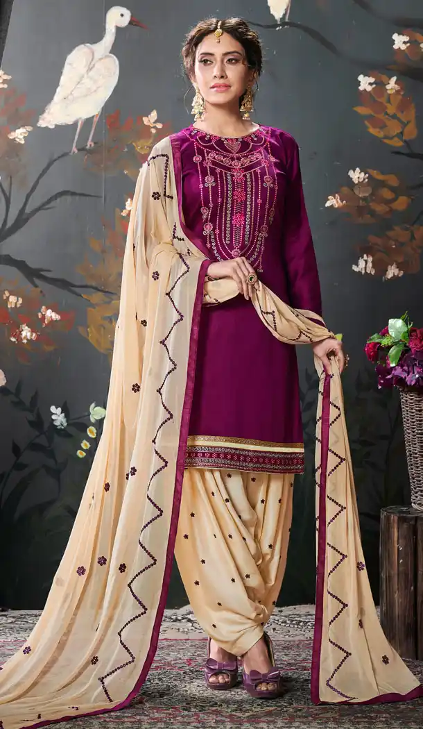 Purple Color Jam Silk Cotton Punjabi Style Patiyal Salwar Kameez - 539966599