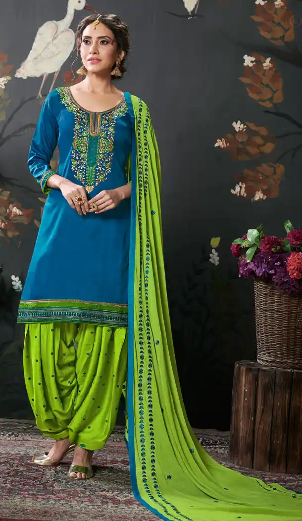 Enigmatic Sea Blue Color Jam Silk Cotton Punjabi Style Patiyal Salwar Kameez - 539966600
