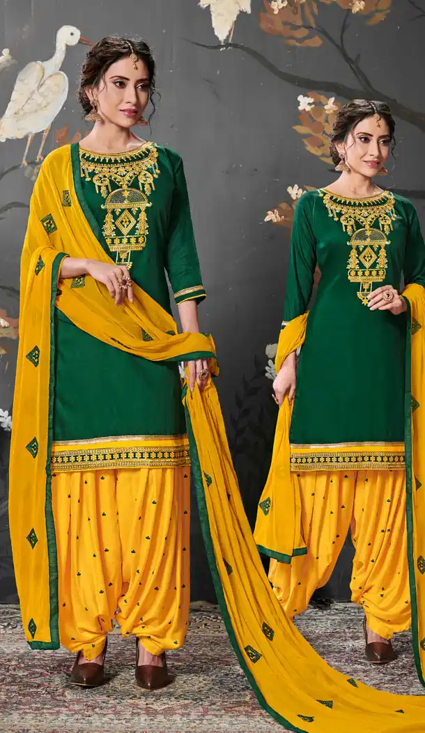 Green Color Jam Silk Cotton Punjabi Style Patiyal Salwar Kameez - 539966601