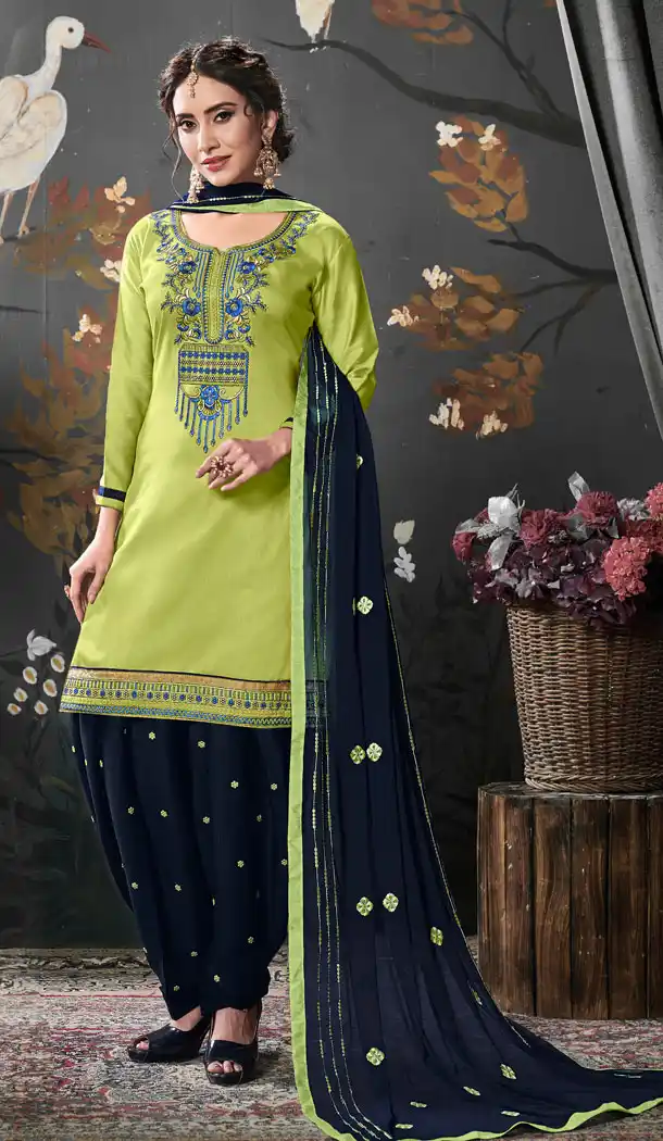 Light Green Color Jam Silk Cotton Punjabi Style Patiyal Salwar Kameez - 539966603