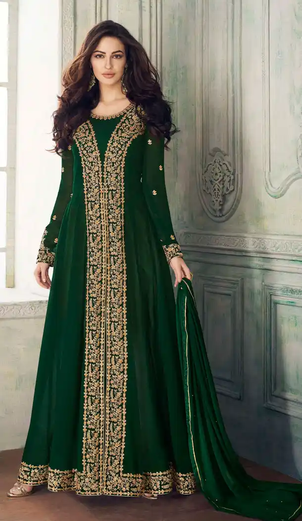 Dark Green Color Real Georgette Abaya Style Pakistani Long Salwar Kameez - 540966882
