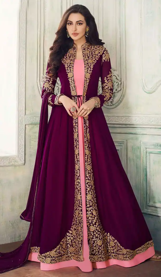 Sparkling Maroon Color Real Georgette Abaya Style Pakistani Long Salwar Kameez - 540966883