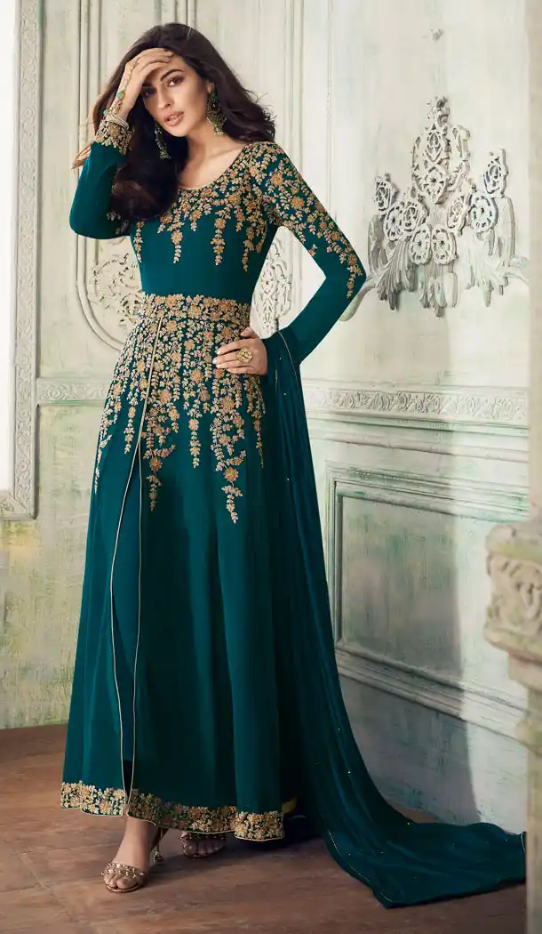 Ford Aqua Blue Color Real Georgette Abaya Style Pakistani Long Salwar Kameez - 540966884