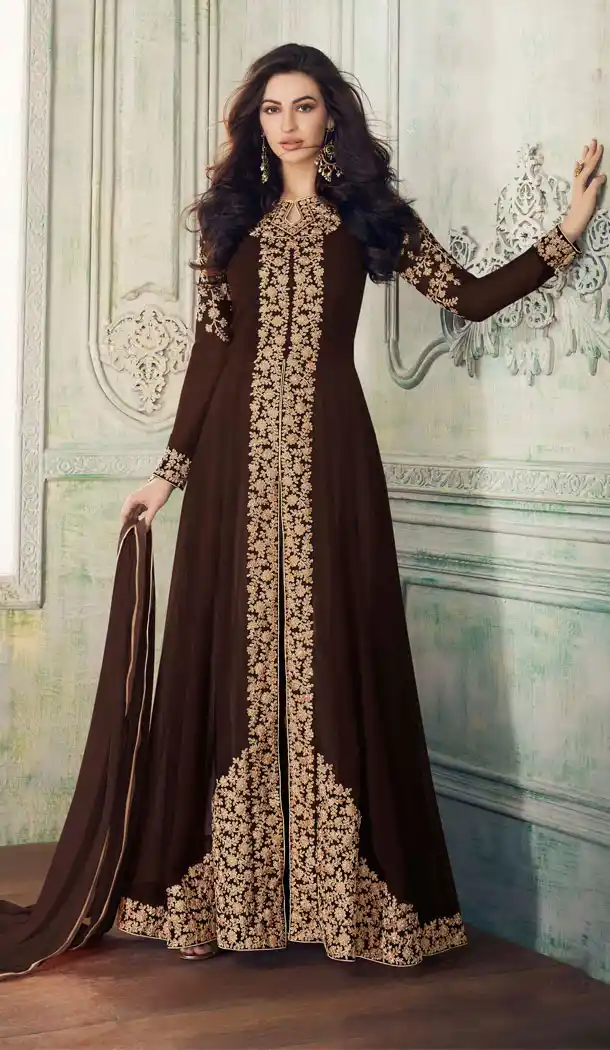 Luscious Brown Color Real Georgette Abaya Style Pakistani Long Salwar Kameez - 540966887