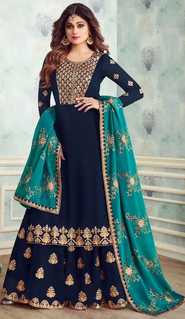 Classy Navy Blue Color Real Georgette Pakistani Style Designer Palazzo Salwar Kameez - 541066889