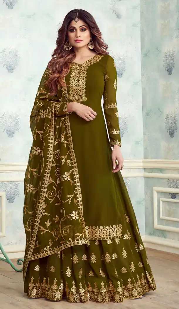 Mehendi Color Real Georgette Pakistani Style Designer Palazzo Salwar Kameez - 541066892