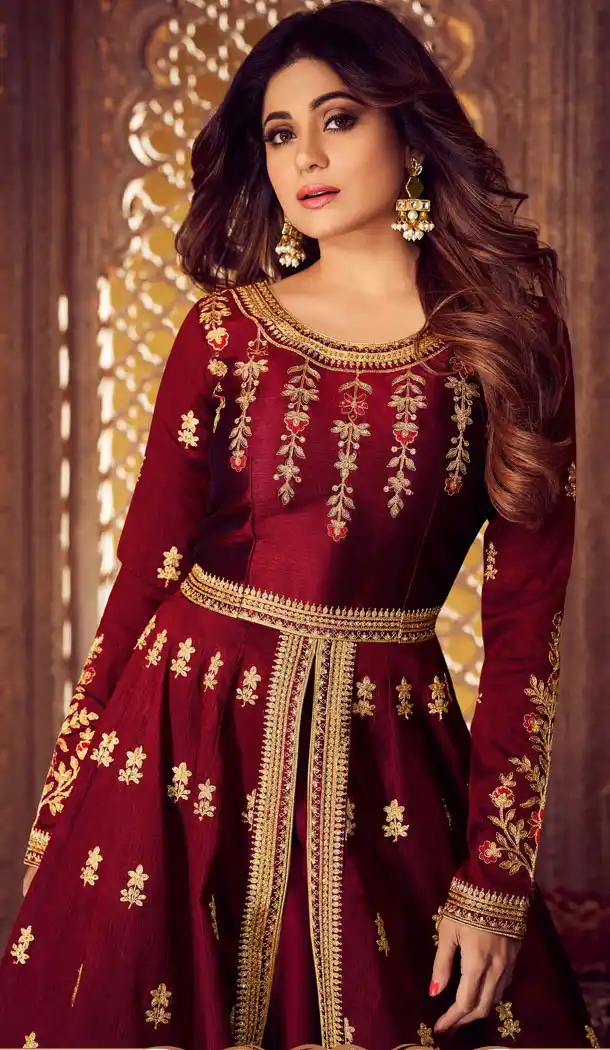 Melodic Maroon Color Mulberry Silk Designer Abaya Style Salwar Kameez - 541166895