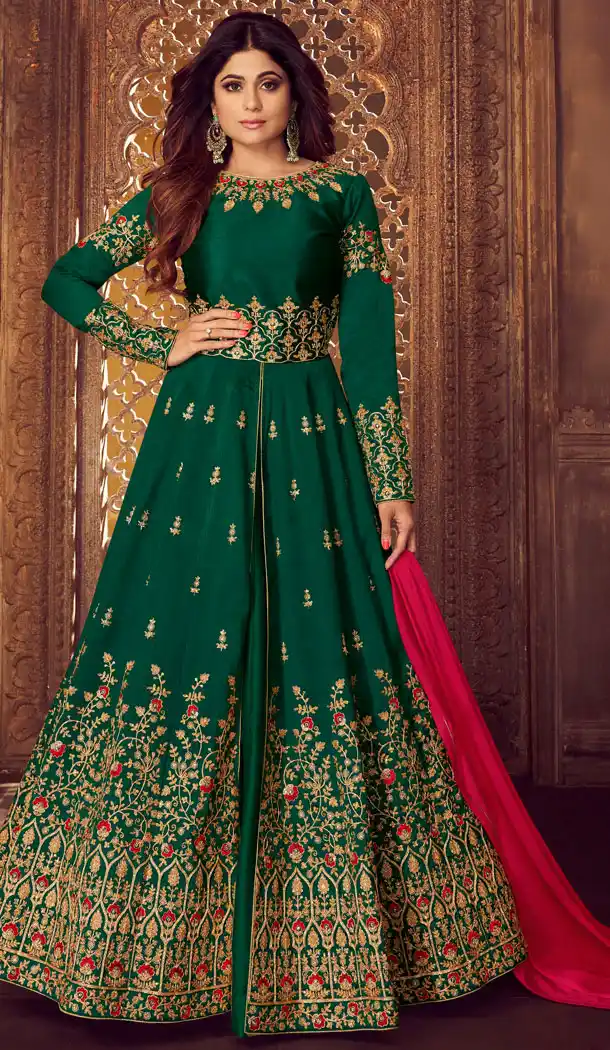 Dark Green Color Mulberry Silk Designer Abaya Style Salwar Kameez - 541166896