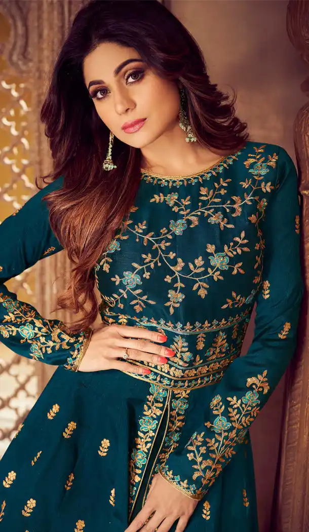 Aqua Blue Color Mulberry Silk Designer Abaya Style Salwar Kameez - 541166898
