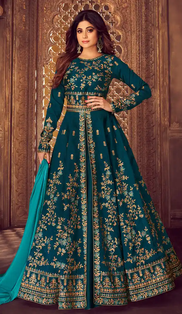 Aqua Blue Color Mulberry Silk Designer Abaya Style Salwar Kameez - 541166898