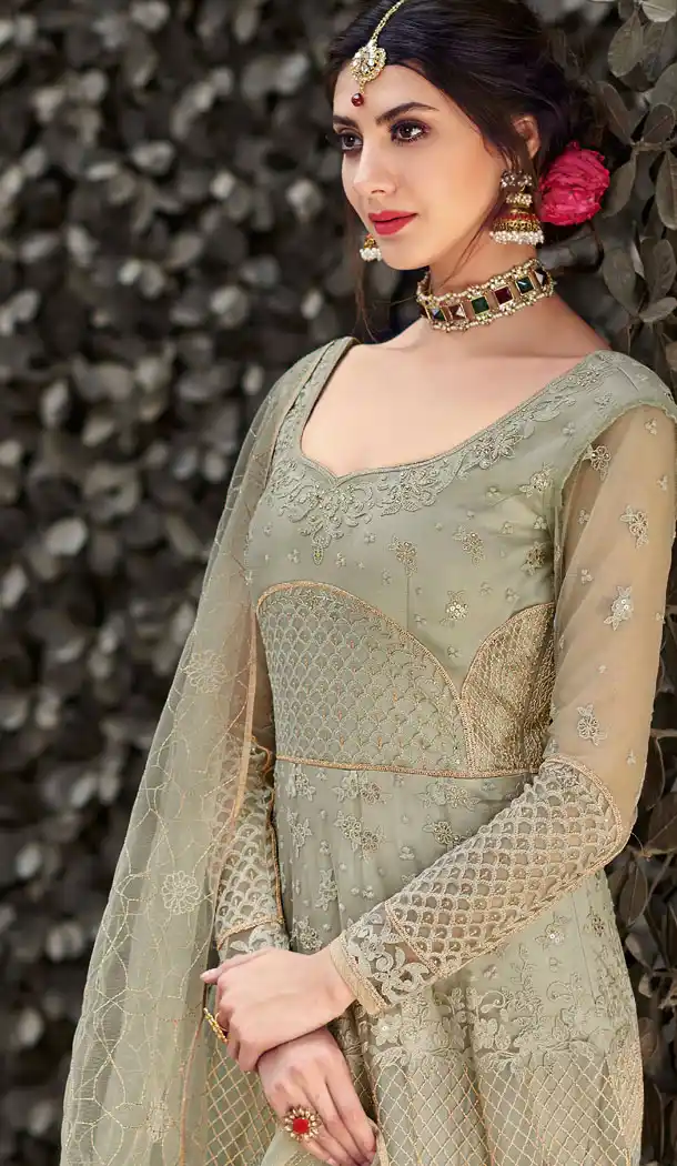 Light Pista Color Net Designer Long Abaya Style Salwar Kameez - 542166989