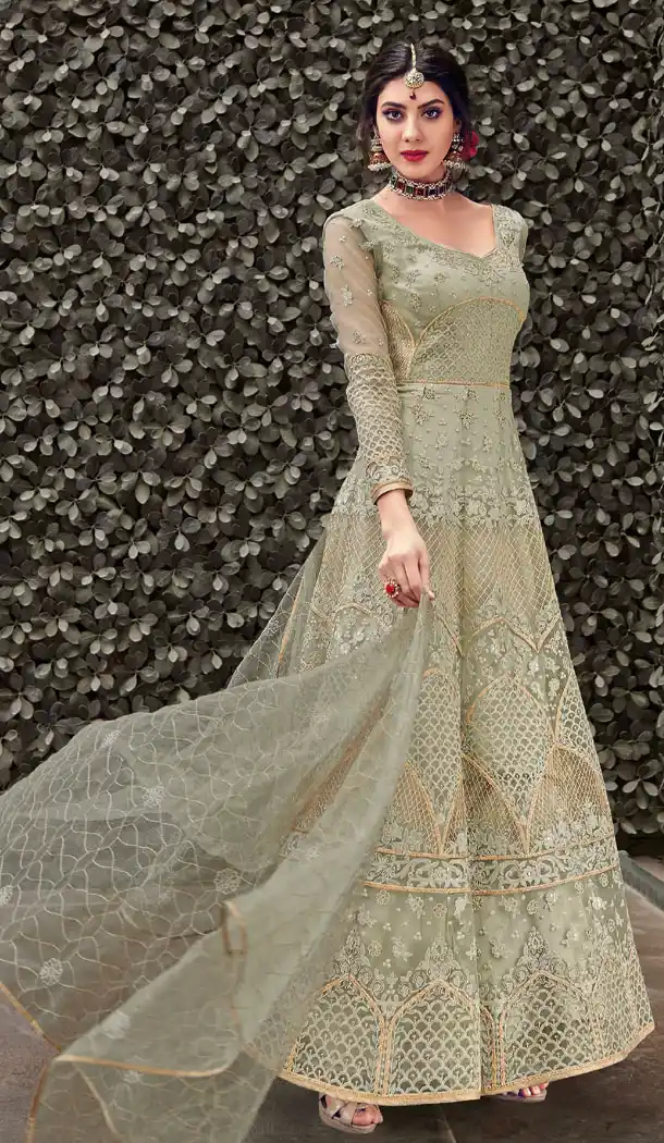 Light Pista Color Net Designer Long Abaya Style Salwar Kameez - 542166989