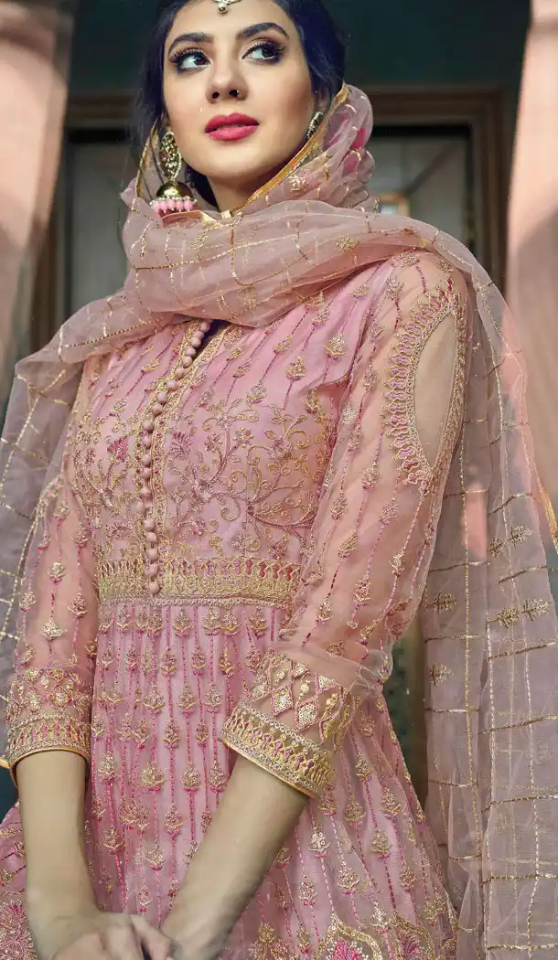 Vivacious Pink Color Net Designer Long Abaya Style Salwar Kameez