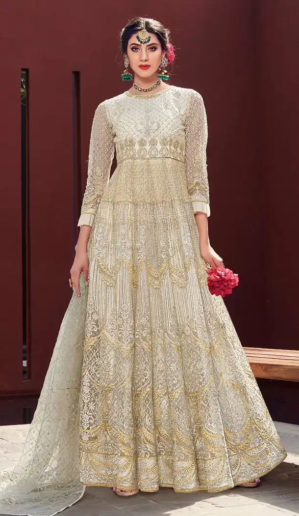 Off White Color Net Designer Long Abaya Style Salwar Kameez - 542166994