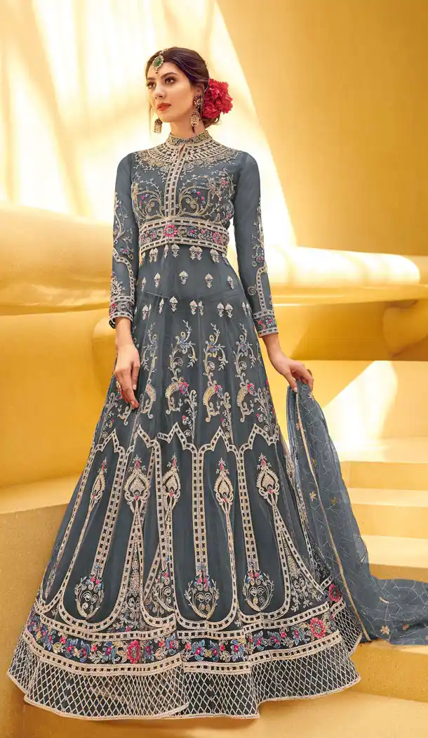 Adorable Grey Color Net Designer Long Abaya Style Salwar Kameez - 542166997