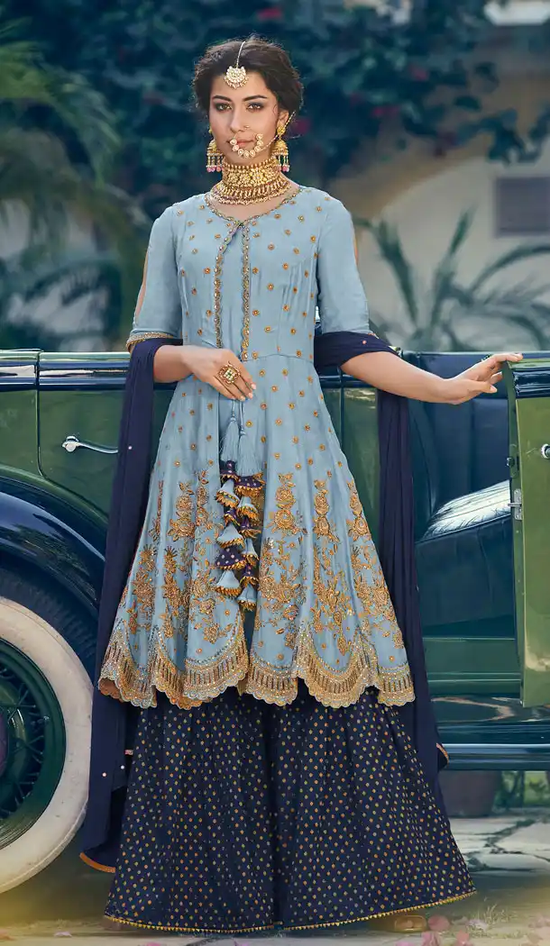 Scintillating Blue Color Rangoli Georgette Designer Party Wear Salwar Kameez - 542367019
