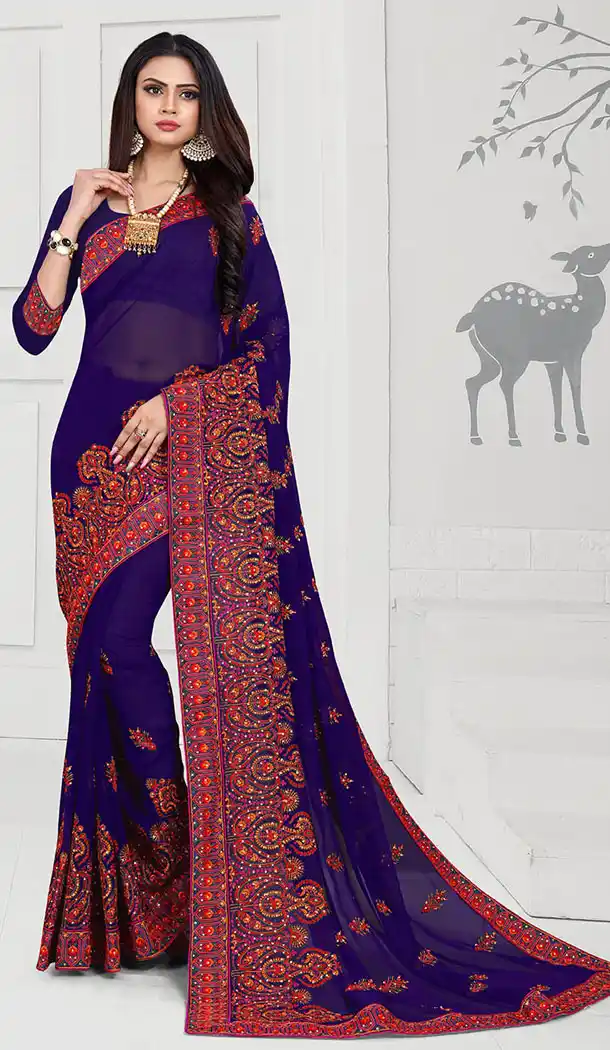 Royal Blue Color Georgette Designer Long Sleeve Blouse Party Wear Saree - 65265410