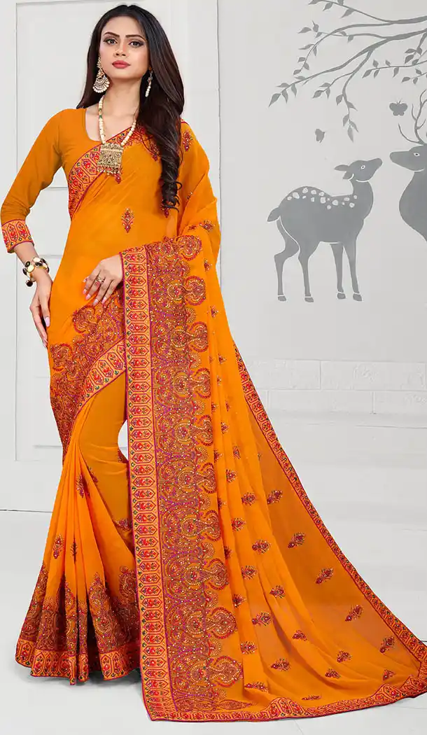Gleaming Orange Color Georgette Designer Long Sleeve Blouse Party Wear Saree - 65265414