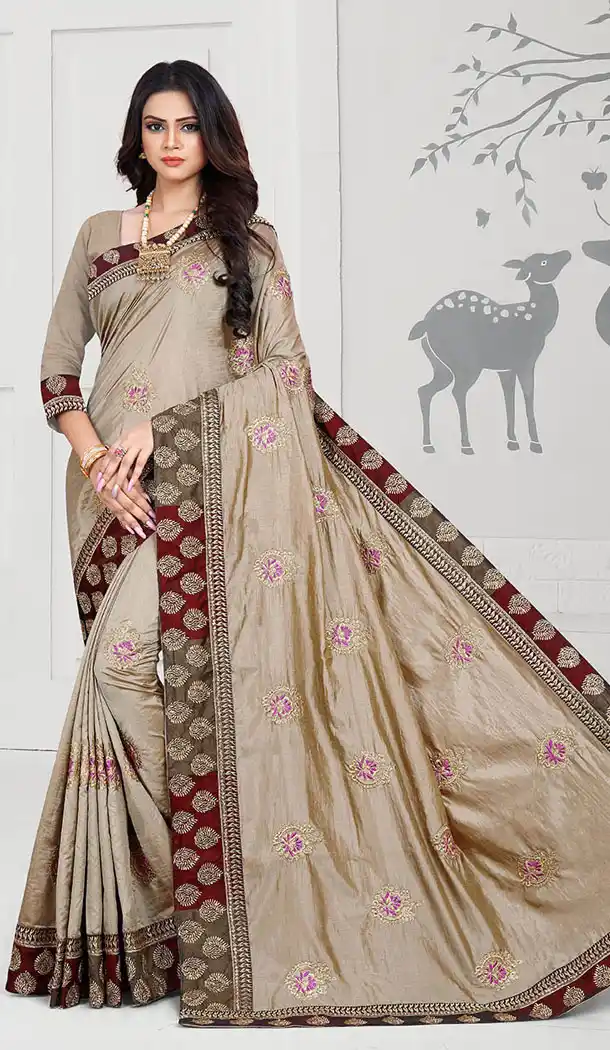Sand Grey Color Georgette Designer Long Sleeve Blouse Party Wear Saree - 65265415